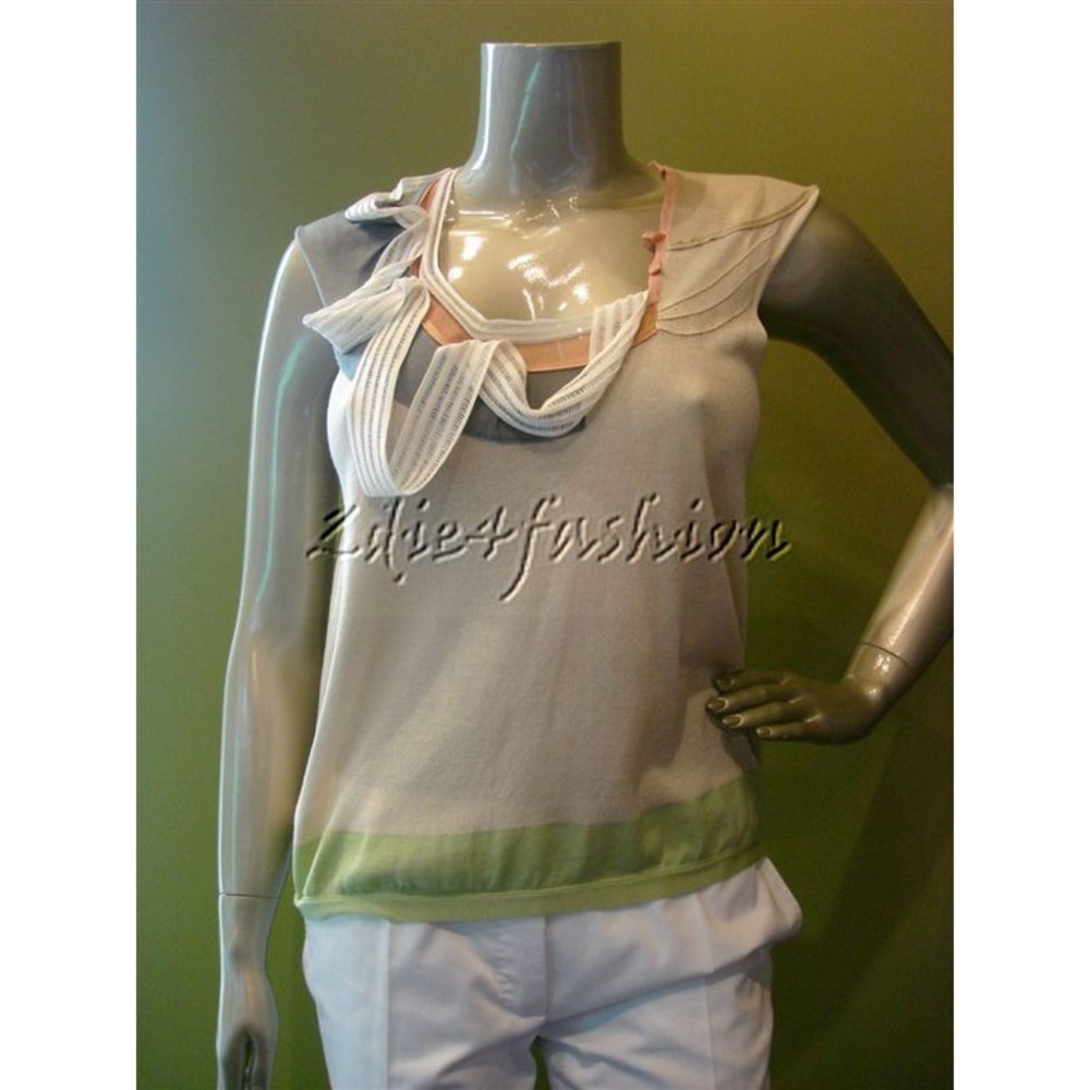 $750 NWT PRINGLE Tan Fine Kint Silk Ruffle Sweater Tank Top L